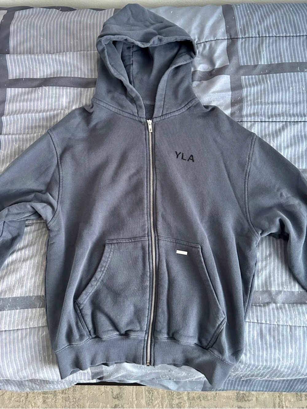 YoungLA oversized Charcoal Full-Zip Hoodie with YLA Logo